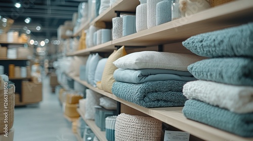 Home goods store interior, bedding and pillows displayed on shelves, customers browsing in background