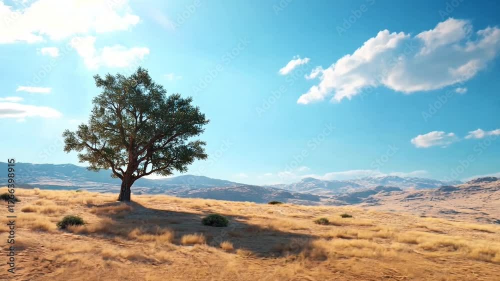Solitary Tree in a Sunny Landscape: A lone tree stands majestically on a sun-drenched hillside, its verdant canopy contrasting beautifully against the clear, blue sky. Solitary Tree in a Sunny Landscape: A lone tree stands majestically on a sun-drenched hillside, its verdant canopy contrasting beautifully against the clear, blue sky.