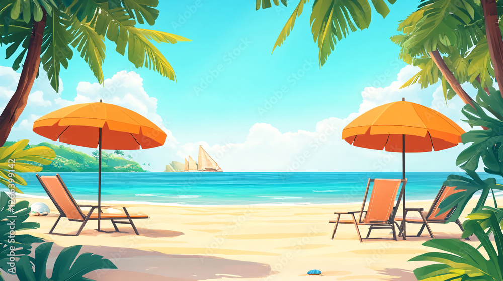 Fototapeta premium Beautiful summer beach with beach chairs and umbrella, cartoon style, Generative ai