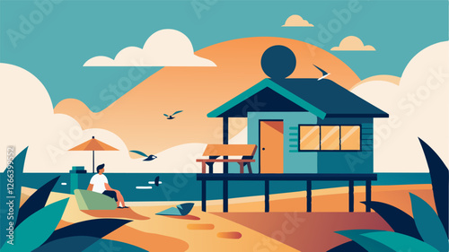 Waking up to the sound of seagulls and getting straight to work from the comfort of a wellequipped beach bungalow.. Vector illustration