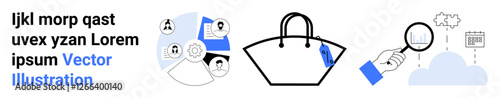 Online profiles, tote bag, magnifier exploring data analytics, and cloud storage icons. Ideal for e-commerce, retail, data search, user profiling, technology analytics flat landing page banner