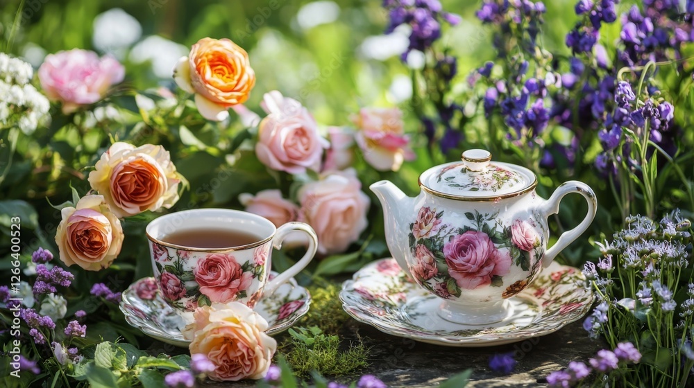 Fototapeta premium A charming floral tea set with delicate rose patterns, placed beside fresh garden flowers. --chaos 20 --ar 16:9 --quality 2 --v 6.1 Job ID: 46b8fd8b-534f-4a7f-8b95-5d500589eaa7