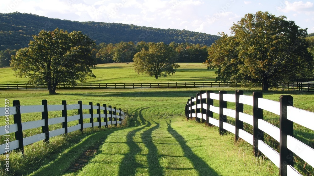 Country lane with white and black fence through lush green fields leading to hills. Use Stock photo for real estate, agriculture, nature Country lane with white and black fence through lush green fields leading to hills. Use Stock photo for real estate, agriculture, nature
