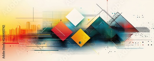 A vibrant, abstract composition featuring geometric shapes and a blend of colors, creating a dynamic visual experience.