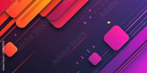 A vibrant abstract design featuring bold geometric shapes and gradients in shades of pink, orange, and purple against a dark background.