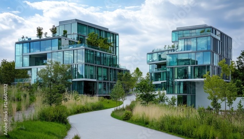 Modern glass office buildings with landscaped pathway photo