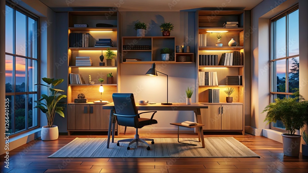 Obraz premium Modern minimalist home office: dark, clean, and sleek, featuring a framed mockup and organized bookshelf.