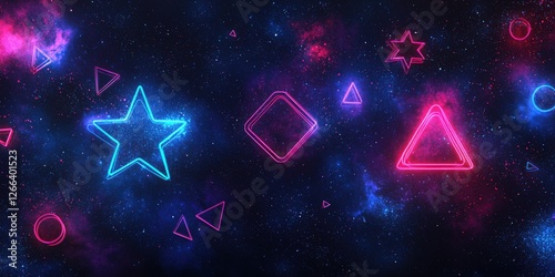 A vibrant cosmic background featuring glowing geometric shapes in blue and pink hues, creating a futuristic and dynamic atmosphere.