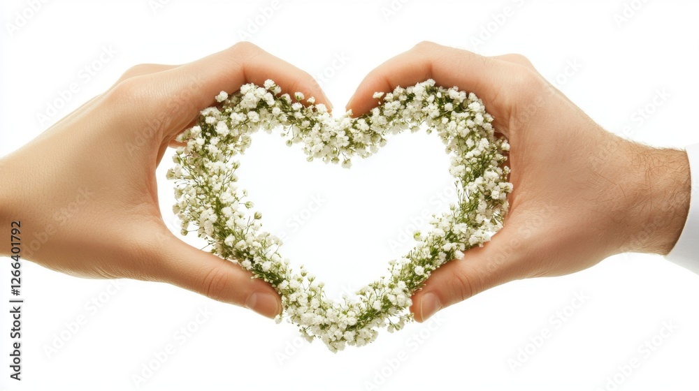 Obraz premium Couple's hands intertwined with a heart-shaped flower ring, representing love and commitment.