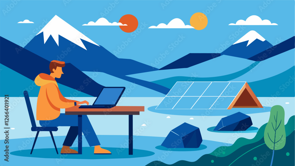 Fototapeta premium Using solar chargers and a makeshift work desk made out of a camping table the digital nomad manages to stay connected and productive while living offthegrid on the glacial lake.. Vector illustration