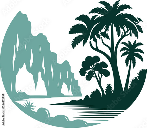 Tropical island landscape illustration.