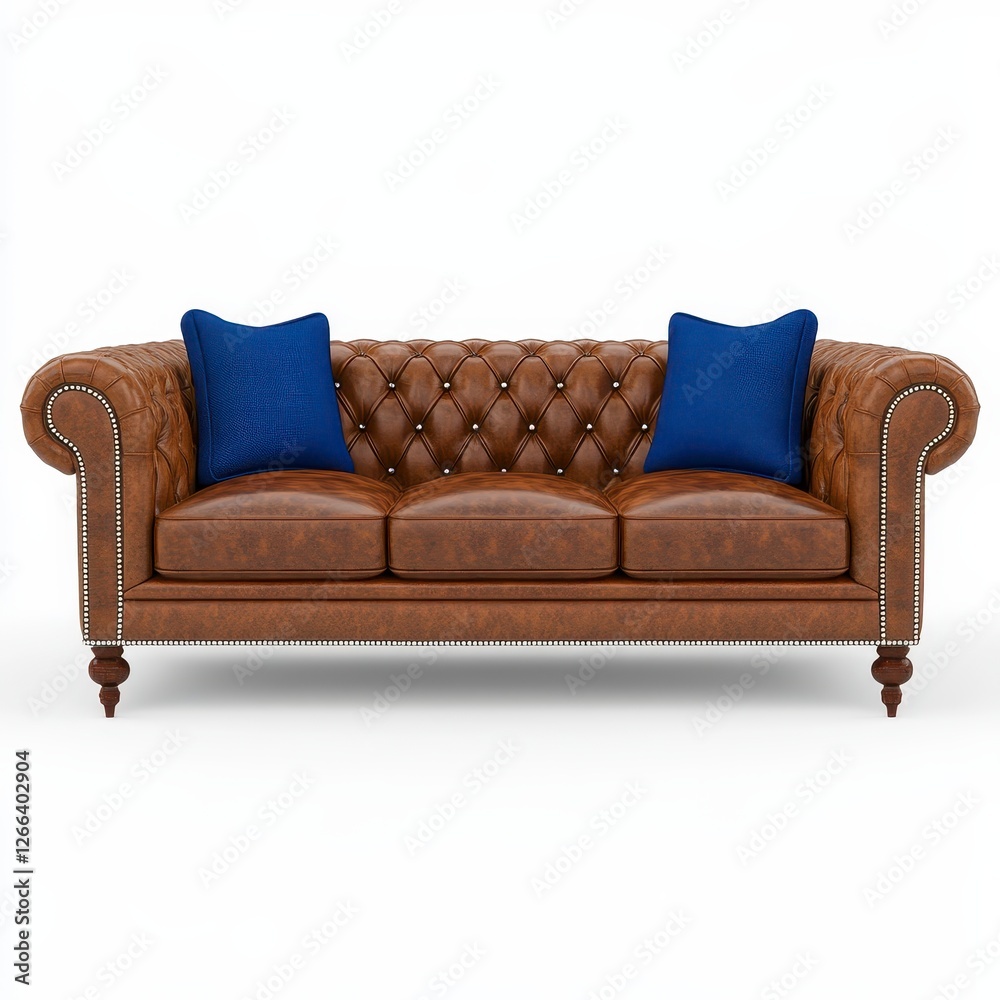 Fototapeta premium Elegant Brown Leather Sofa with Blue Pillows, Generative AI.