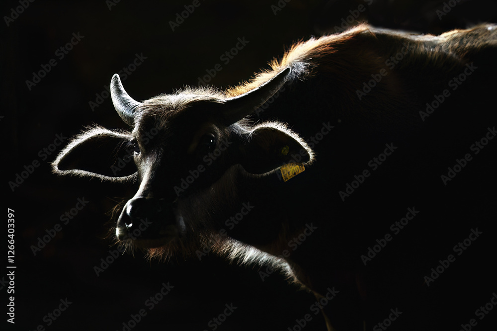 Buffalo glows in the dark, the head close-up has a beautiful rim light on a black background. The eyes were innocent and sad.