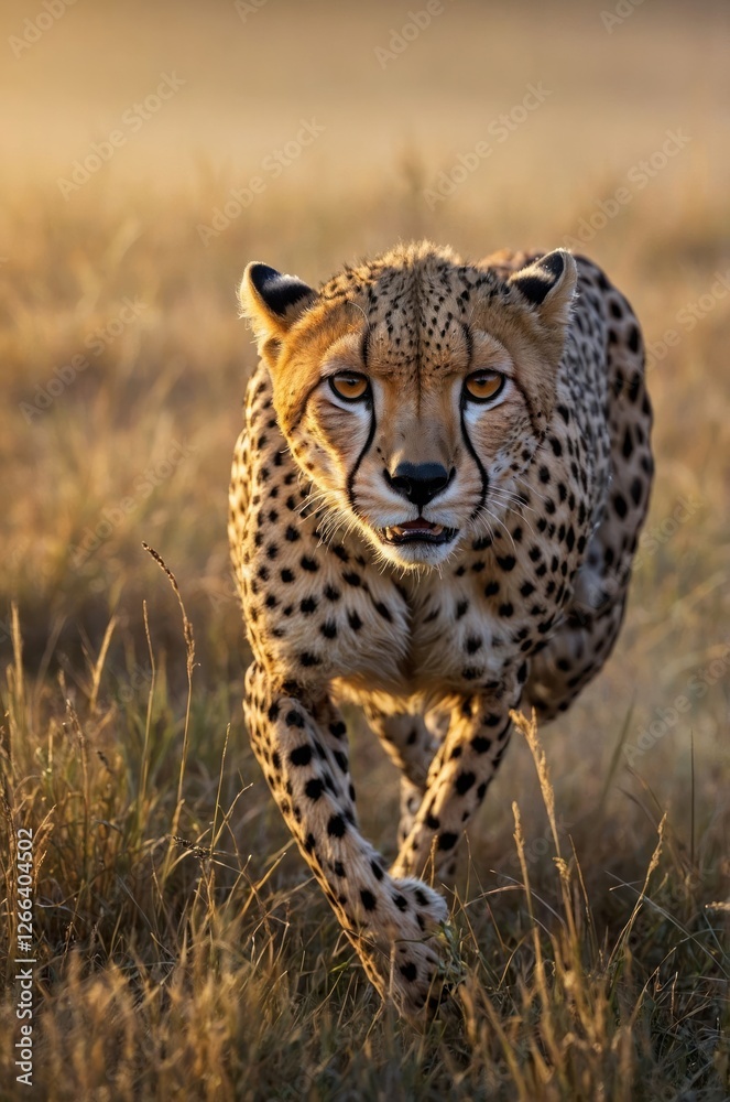 A cheetah running through tall grass in a natural habitat during golden hour.