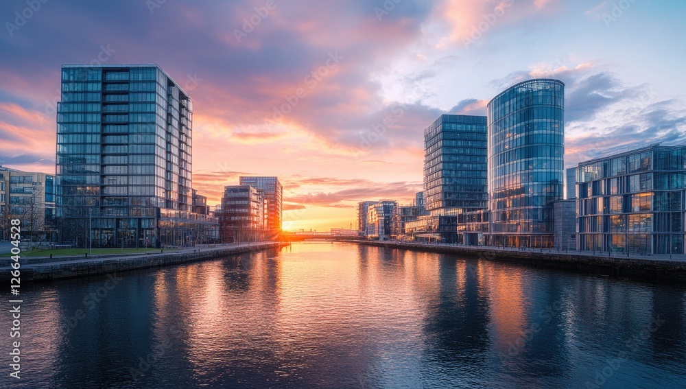 Fototapeta premium Modern cityscape waterfront at sunset