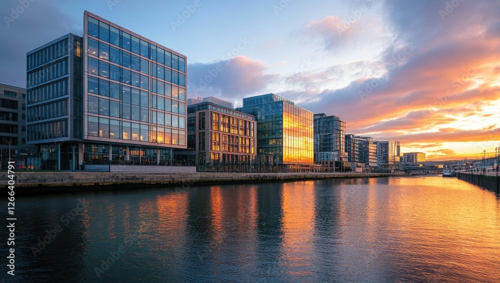 Obraz premium Modern office buildings reflected in a canal at sunset