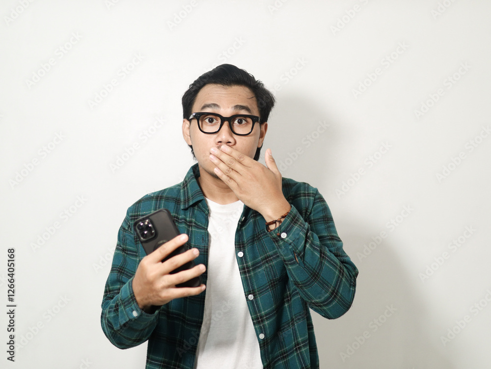 Asian man looking to camera with shock expression isolated on white background Asian man looking to camera with shock expression isolated on white background
