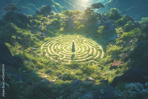 Person in maze on hillside, sun, use in fantasy