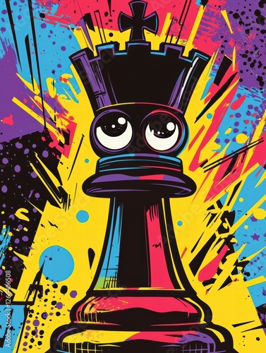 Chess King with Colorful Explosion: A whimsical and colorful illustration of a chess king with a cute face against a backdrop of dynamic paint splashes.