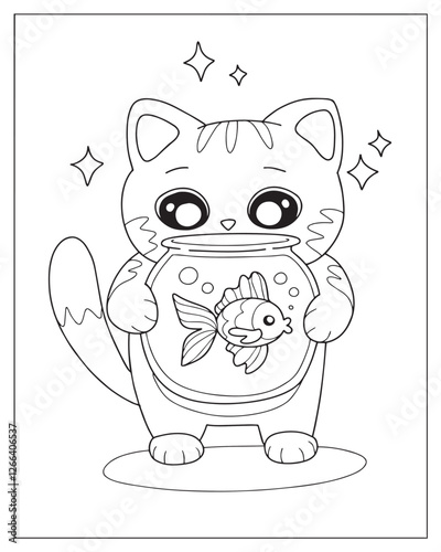 A kawaii style coloring page featuring an adorable cat holding a round fishbowl with a happy fish inside, surrounded by bubbles and playful details, drawn in black and white line art for coloring.

