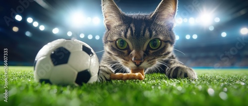 Cat Playing with Soccer Ball on Brightly Lit Sports Field