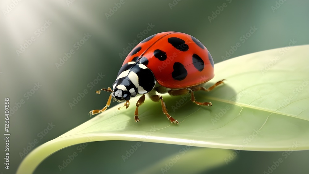 Obraz premium A vibrant, isolate ladybug with distinct red and black elliptical spots on its shiny exoskeleton, perched on a delicate green leaf, surrounded by soft, diffused natural light, with gentle shadows acce