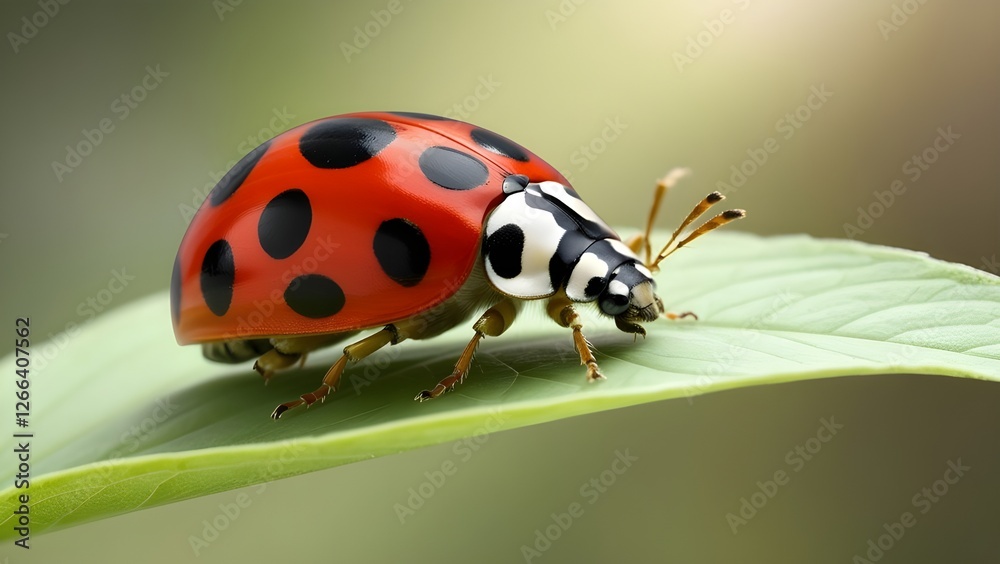 Fototapeta premium A vibrant, isolate ladybug with distinct red and black elliptical spots on its shiny exoskeleton, perched on a delicate green leaf, surrounded by soft, diffused natural light, with gentle shadows acce
