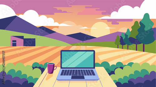 With the vineyard as its backdrop a laptop is the only companion on a serene terrace where time stands still and creativity flows freely.. Vector illustration