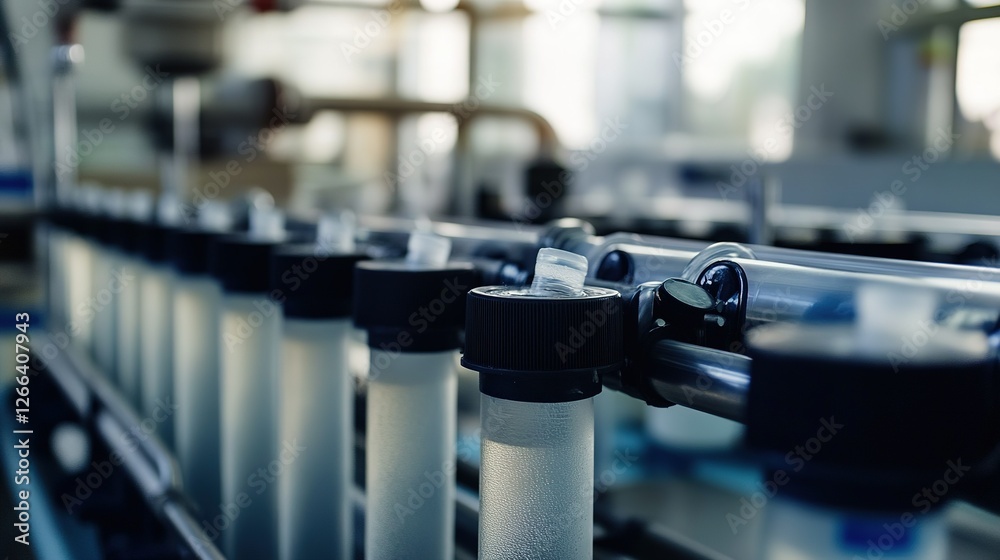 Industrial Bottling Line Filled With Clear Liquid Bottles Industrial Bottling Line Filled With Clear Liquid Bottles