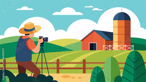 With a steady hand the freelancer captures the essence of the farmyard in a series of photographs. The aged wooden fence the towering silo and the rolling green fields all become. Vector illustration