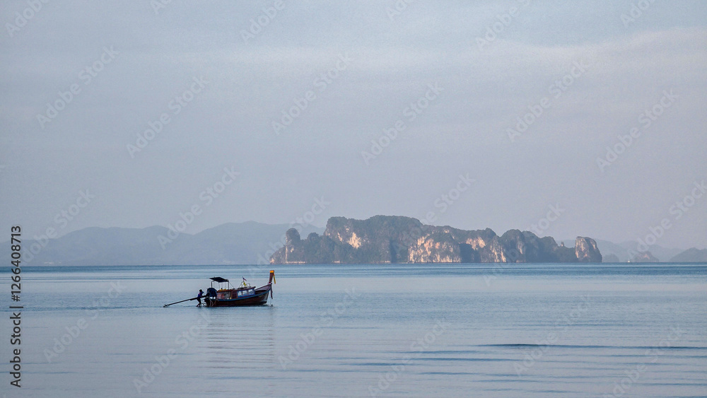A tranquil boat glides through the calm waters near Koh Hong Island Thailand, with distant limestone formations framing the horizon. The soft light casts an enchanting atmosphere during sunset. A tranquil boat glides through the calm waters near Koh Hong Island Thailand, with distant limestone formations framing the horizon. The soft light casts an enchanting atmosphere during sunset.