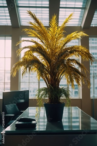 A decorative potted palm tree in an office setting, enhancing the workspace ambiance.