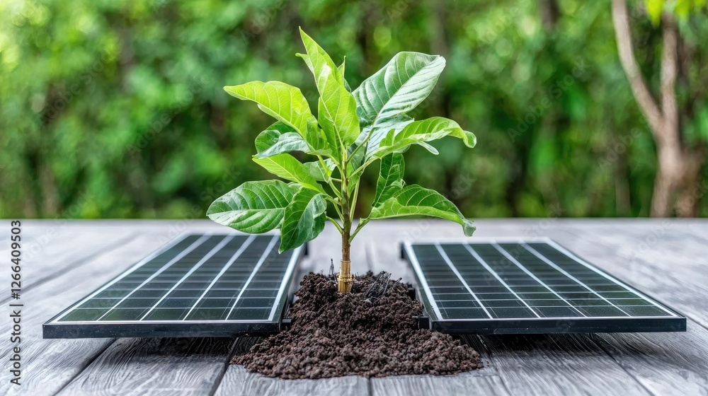 Fototapeta premium Young plant growing between solar panels