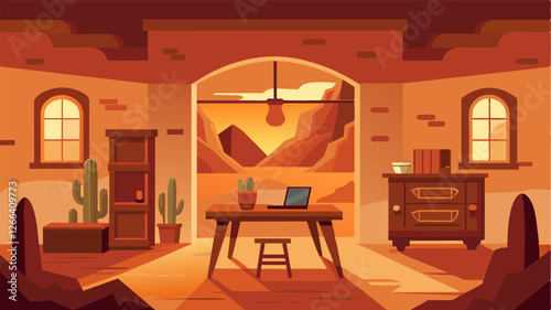 The warm hues of the adobe walls and the rustic furnishings create a serene atmosphere perfect for a focused workation.. Vector illustration