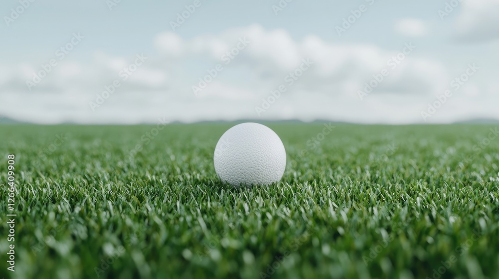 Golf ball on green grass field under cloudy sky. Possible use Sports stock photo Golf ball on green grass field under cloudy sky. Possible use Sports stock photo