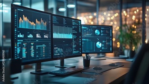 Wallpaper Mural Modern office workspace with multiple data screens displaying charts and graphs, blurred city lights visible through the window Torontodigital.ca