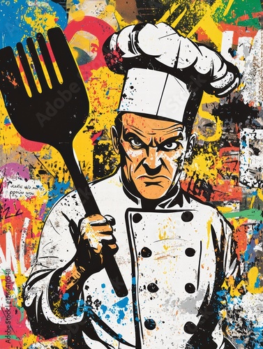 Chef's Fury: A powerful, expressionistic illustration of a chef wielding a spatula and fork with an intense gaze against a vibrant, colorful abstract background.