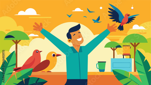 Waking up to the sound of tropical birds chirping feeling relaxed and energized to start the workday.. Vector illustration