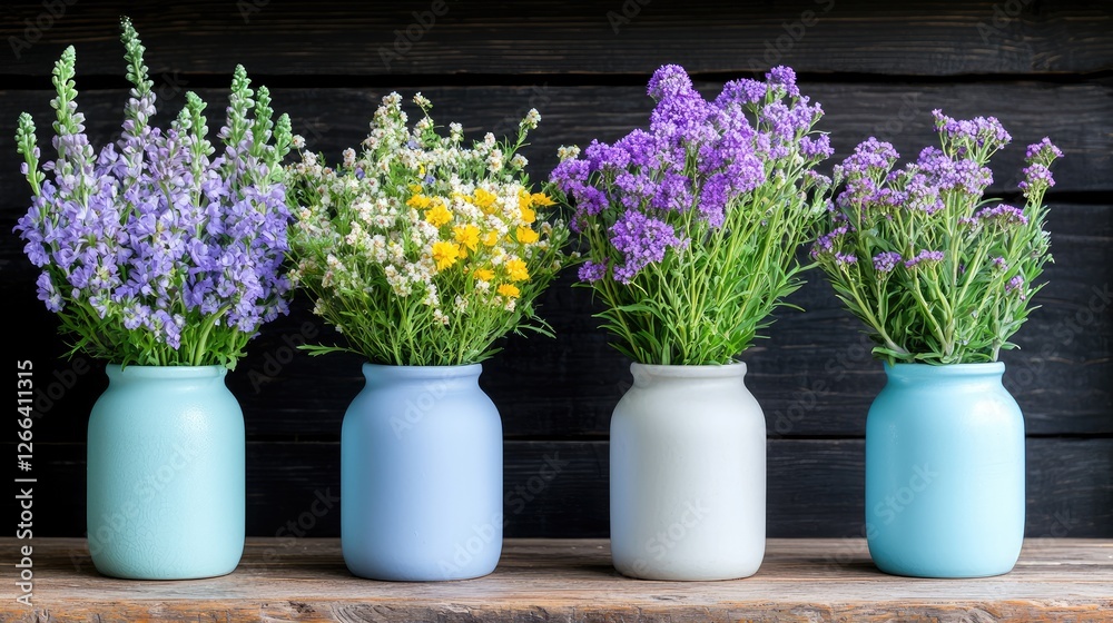 Obraz premium Four colorful wildflowers in jars, rustic wood background, home decor