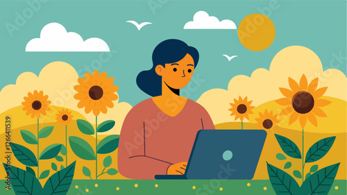 The warm sun on their shoulders a remote worker finds inspiration a the blooming sunflowers.. Vector illustration