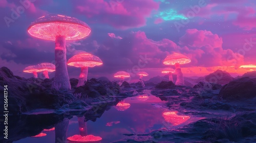 Wallpaper Mural Enchanted Forest: A mesmerizing scene of glowing mushroom-shaped formations reflected in a calm body of water under a sky of surreal colors. Torontodigital.ca