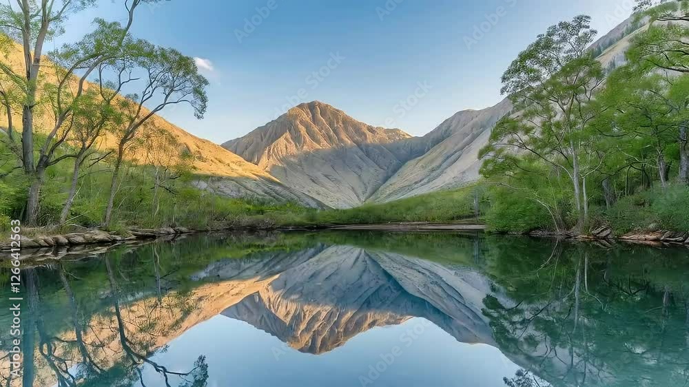 Stunning mountain range perfectly reflected in a calm, clear lake Stunning mountain range perfectly reflected in a calm, clear lake