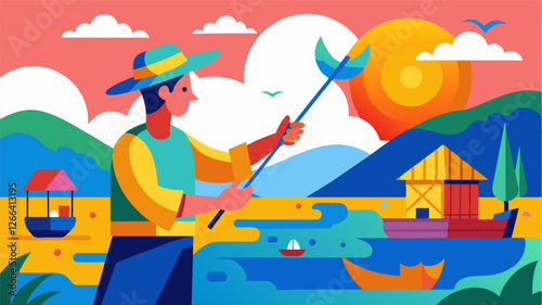 With their paintbrush in hand the freelancer adds vibrant colors to a mural depicting the daily life of a fisherman in the village.. Vector illustration