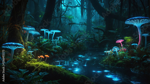 Glowing fantasy rainforest with bioluminescent plants and mushrooms photo