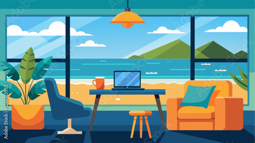 With a comfortable seating area and highspeed internet your home office provides the perfect space to tackle your workload while looking out at the stunning ocean views.. Vector illustration