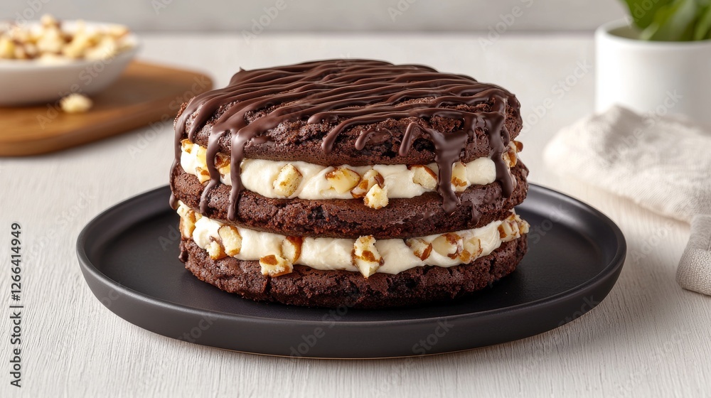 Delicious chocolate cake layered with creamy filling and topped with drizzled chocolate and popcorn for a sweet treat Delicious chocolate cake layered with creamy filling and topped with drizzled chocolate and popcorn for a sweet treat