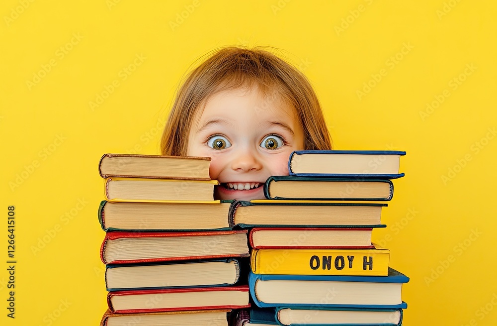 A cheerful child peeking from behind an enormous stack of books, their face showing excitement and curiosity against the vibrant yellow background A cheerful child peeking from behind an enormous stack of books, their face showing excitement and curiosity against the vibrant yellow background