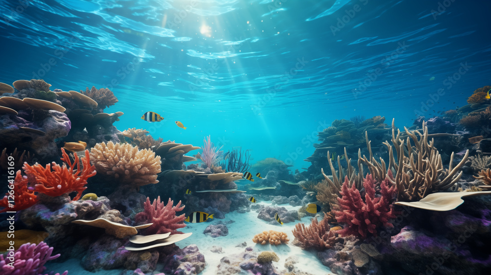 Obraz premium Underwater view of a colorful sea coral reef with fishes. Underwater