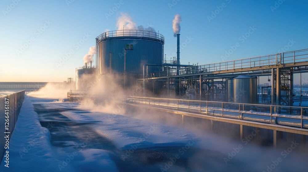 Obraz premium Energy Reuse and Renewable Energy，a high-tech renewable energy recovery system, seamlessly integrating with towering wind turbines and expansive solar panels in the distance. this advanced setup repre