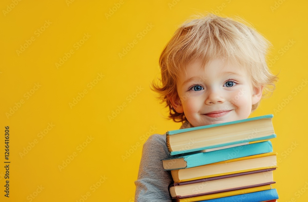 A cute little boy peeking out from behind large stacks of books, smiling and looking at the camera against a yellow background. A cute little boy peeking out from behind large stacks of books, smiling and looking at the camera against a yellow background.